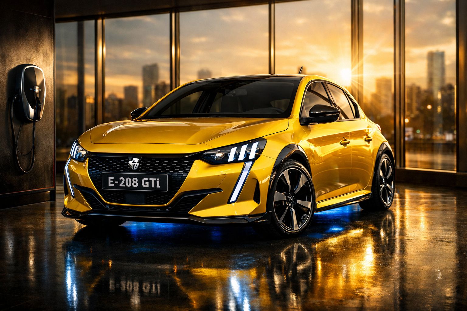 Carro elétrico amarelo Peugeot E-208 GTi estacionado em garagem com carregador e luz do pôr do sol ao fundo.