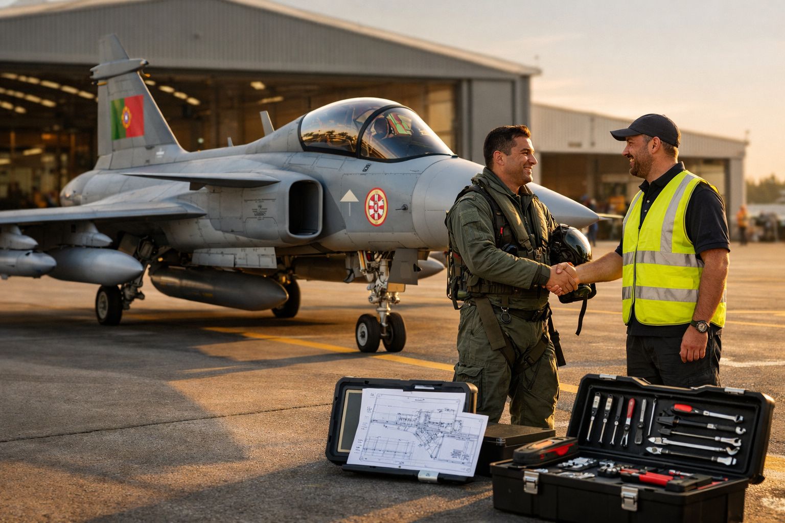 Piloto militar e mecânico apertando as mãos em hangar ao lado de caça e equipamentos de manutenção.