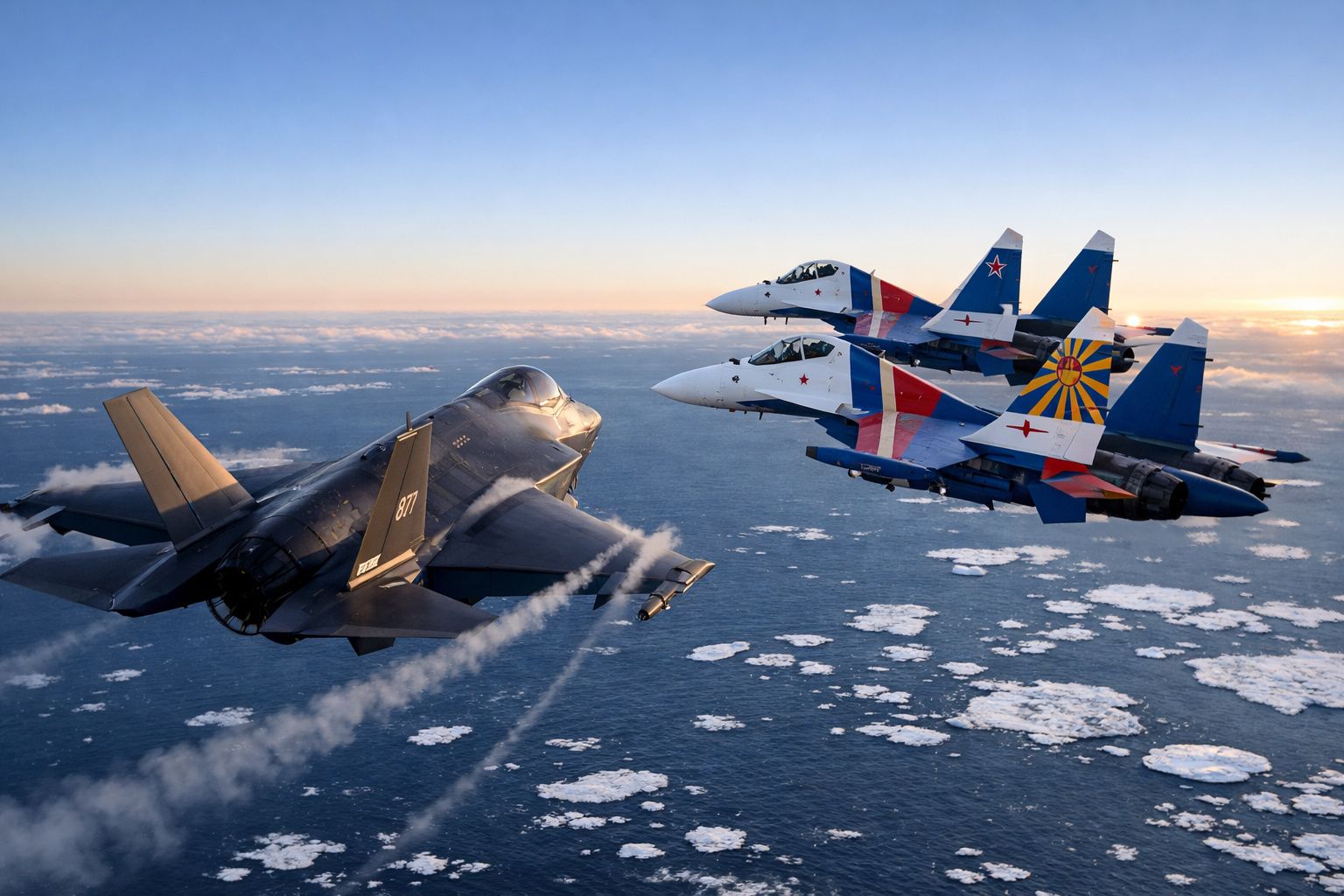 Formação de quatro caças militares voando sobre o oceano ao pôr do sol.