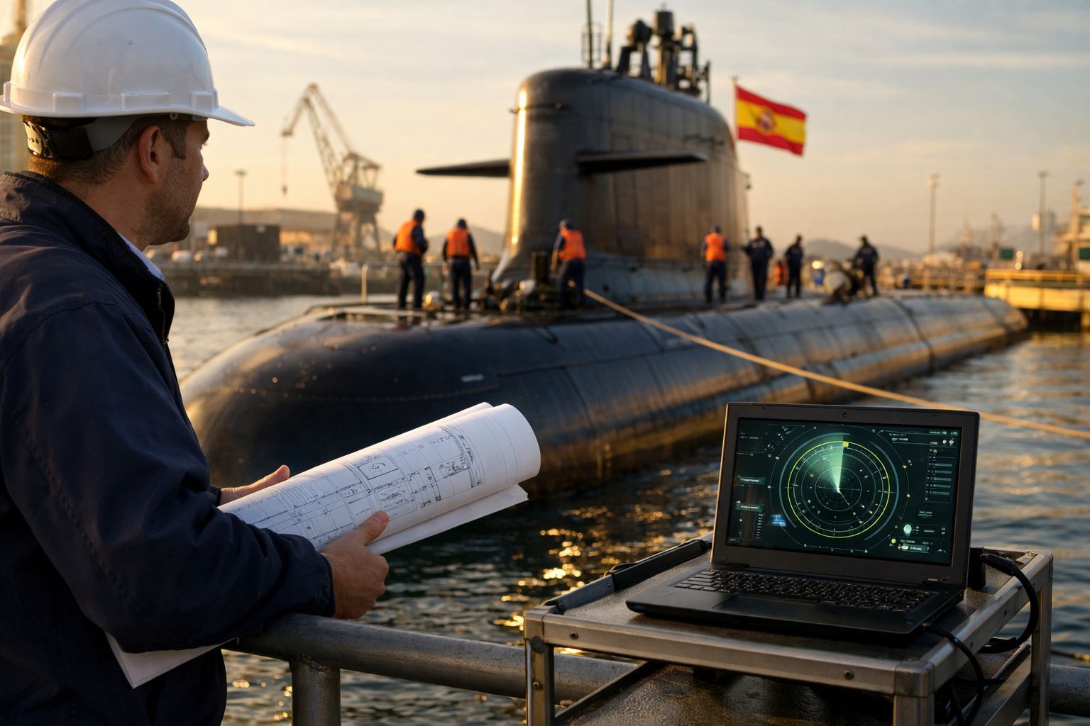 Homem com capacete e plantas observa submarino com técnicos e laptop com radar em porto ao entardecer.