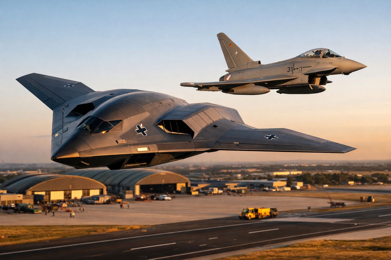 Dois aviões militares voando sobre aeroporto ao pôr do sol, um modelo furtivo e outro caça.