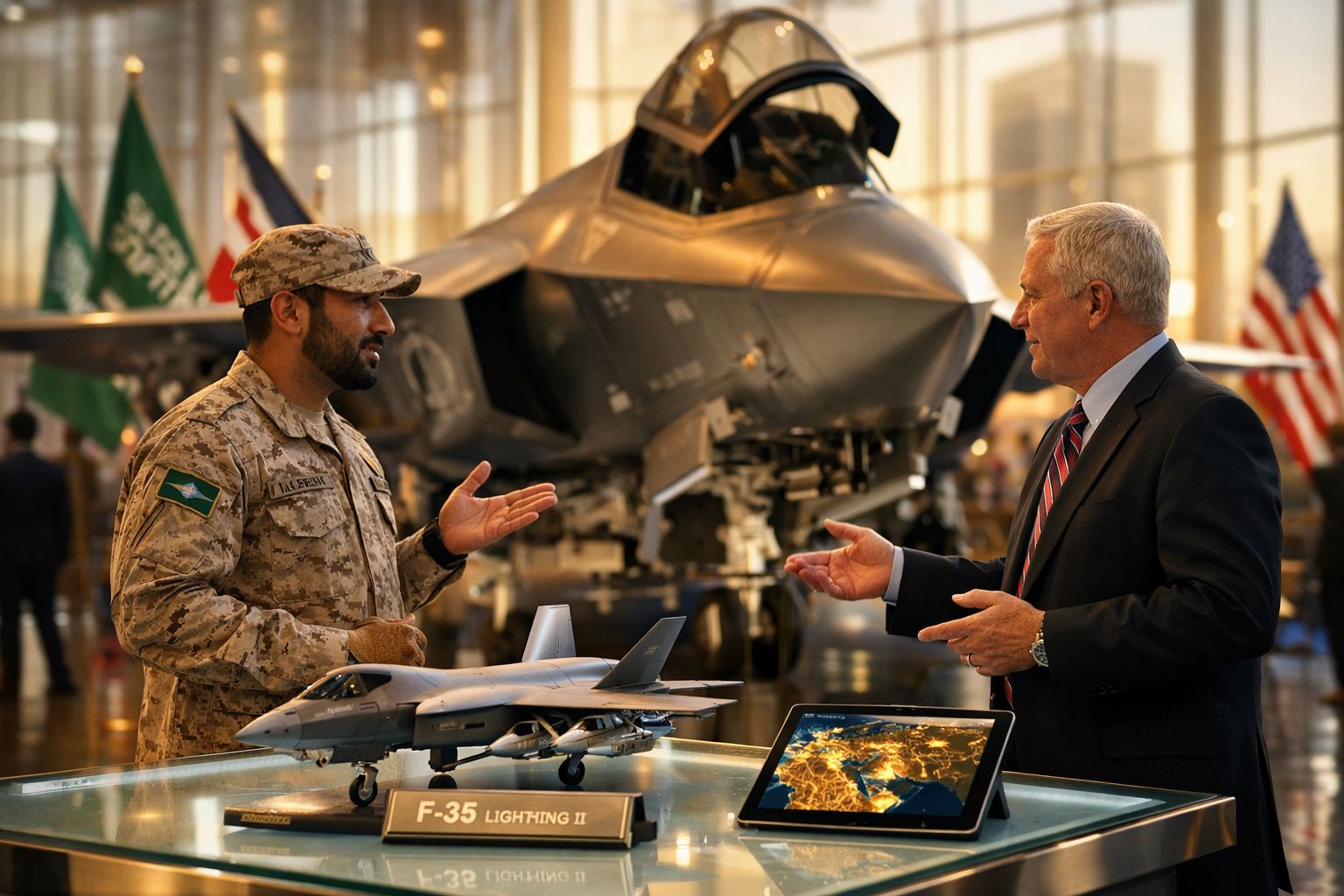 Homem militar e executivo conversam em exposição com modelo e avião real F-35 Lightning II ao fundo.