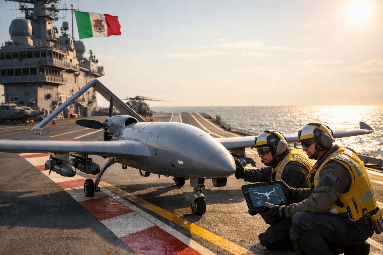 Dois militares mexem em drone sobre convés de porta-aviões ao pôr do sol, com bandeira mexicana ao fundo.