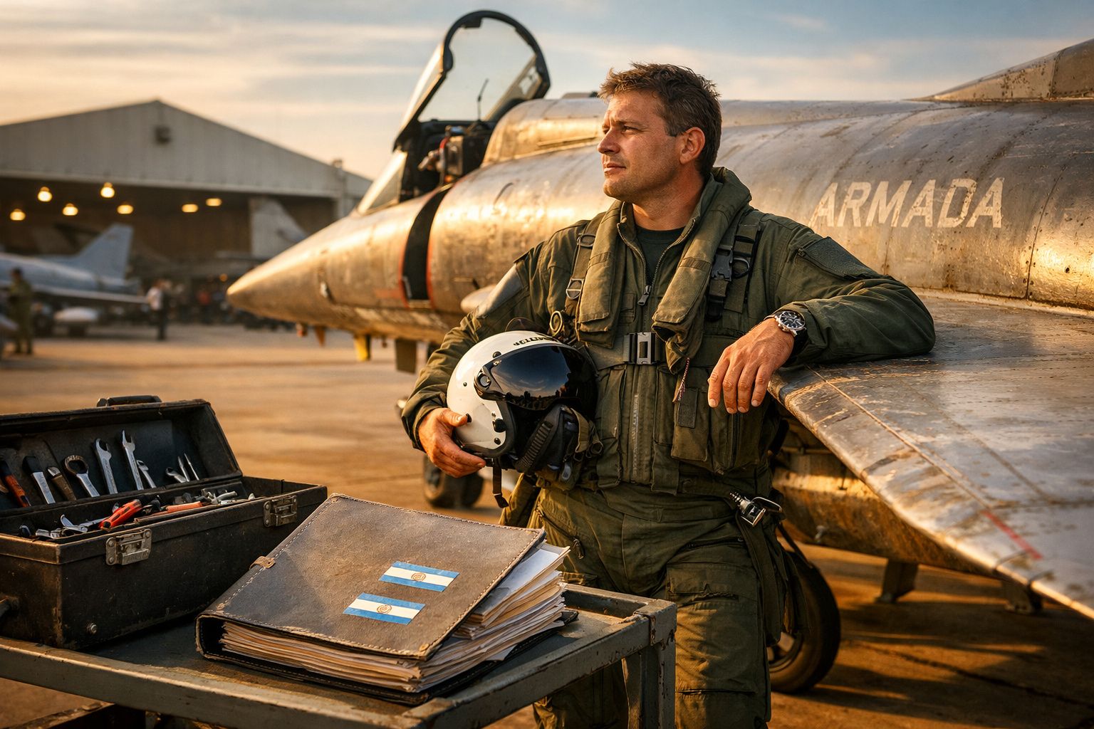Piloto militar ao lado de caça da Armada, segurando capacete e com ferramenta e papéis sobre mesa no hangar.