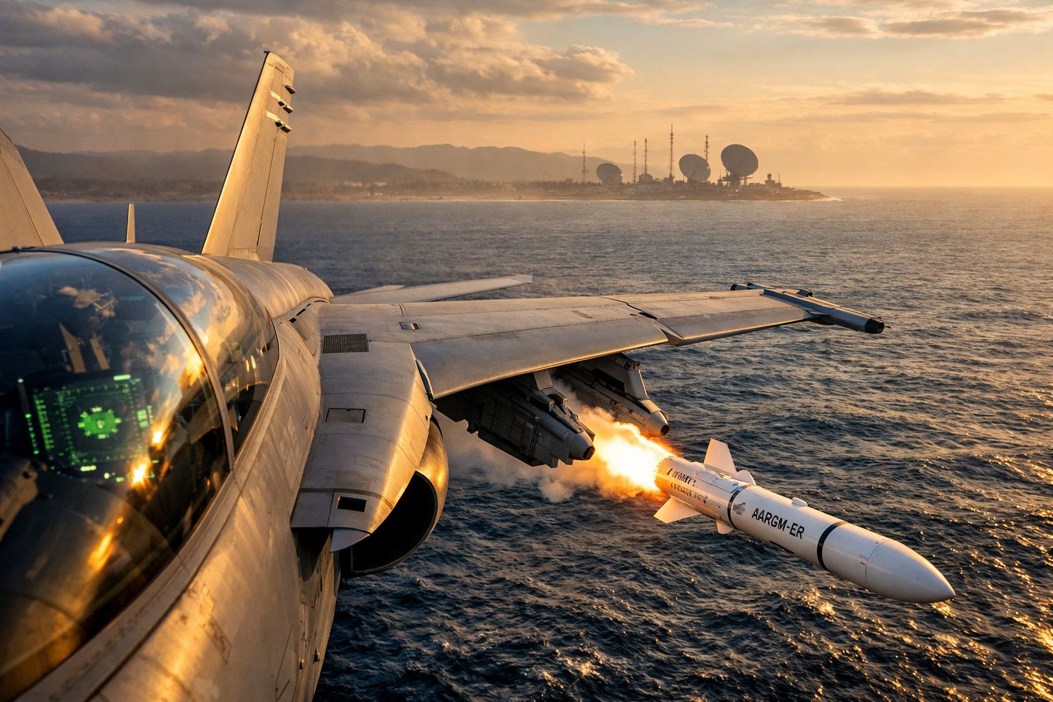 Caça militar dispara míssil AARGM-ER sobre o mar ao entardecer com ilha e antenas ao fundo.