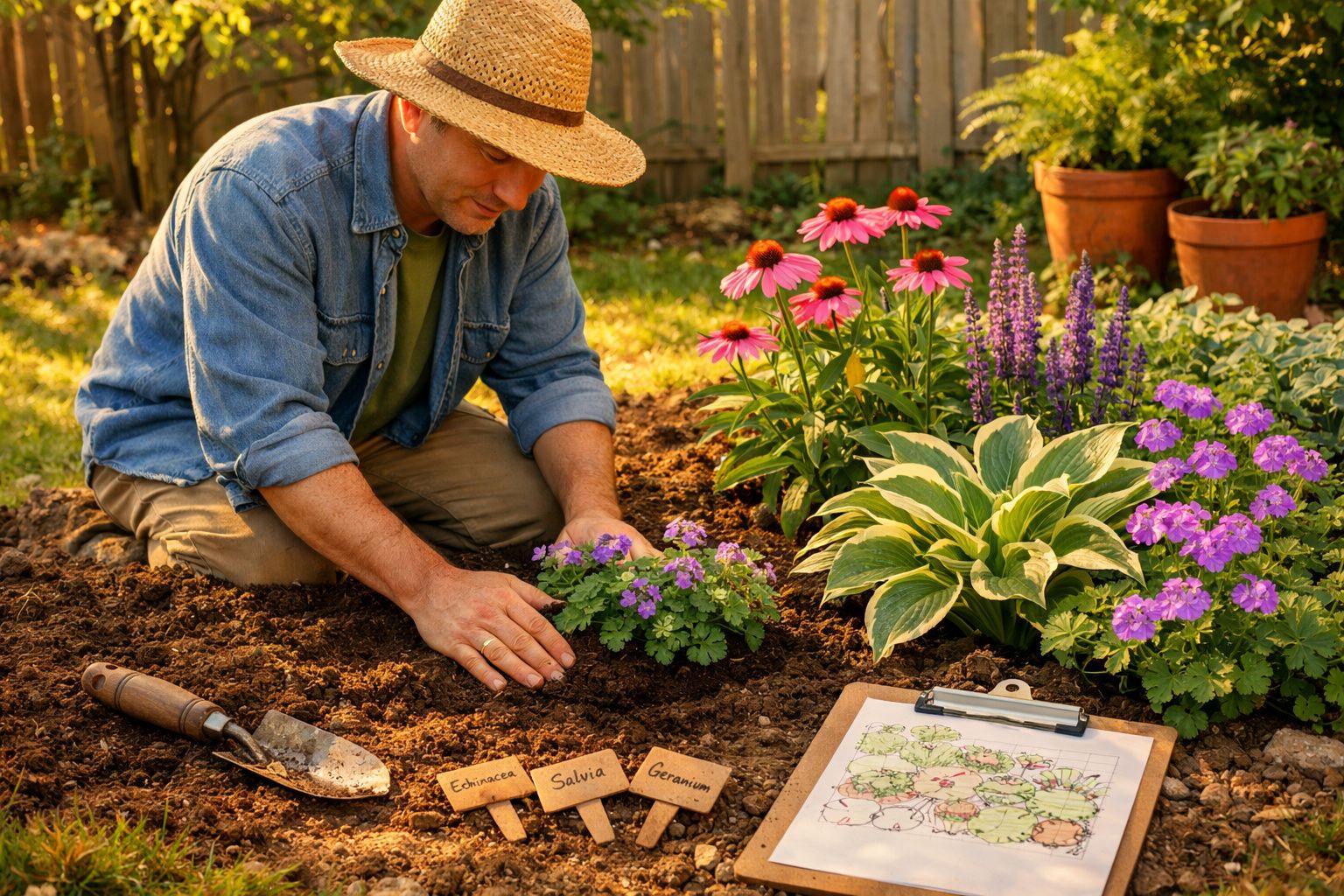 Homem com chapéu planta flores em jardim ensolarado com etiquetas, pá e mapa botânico ao lado.