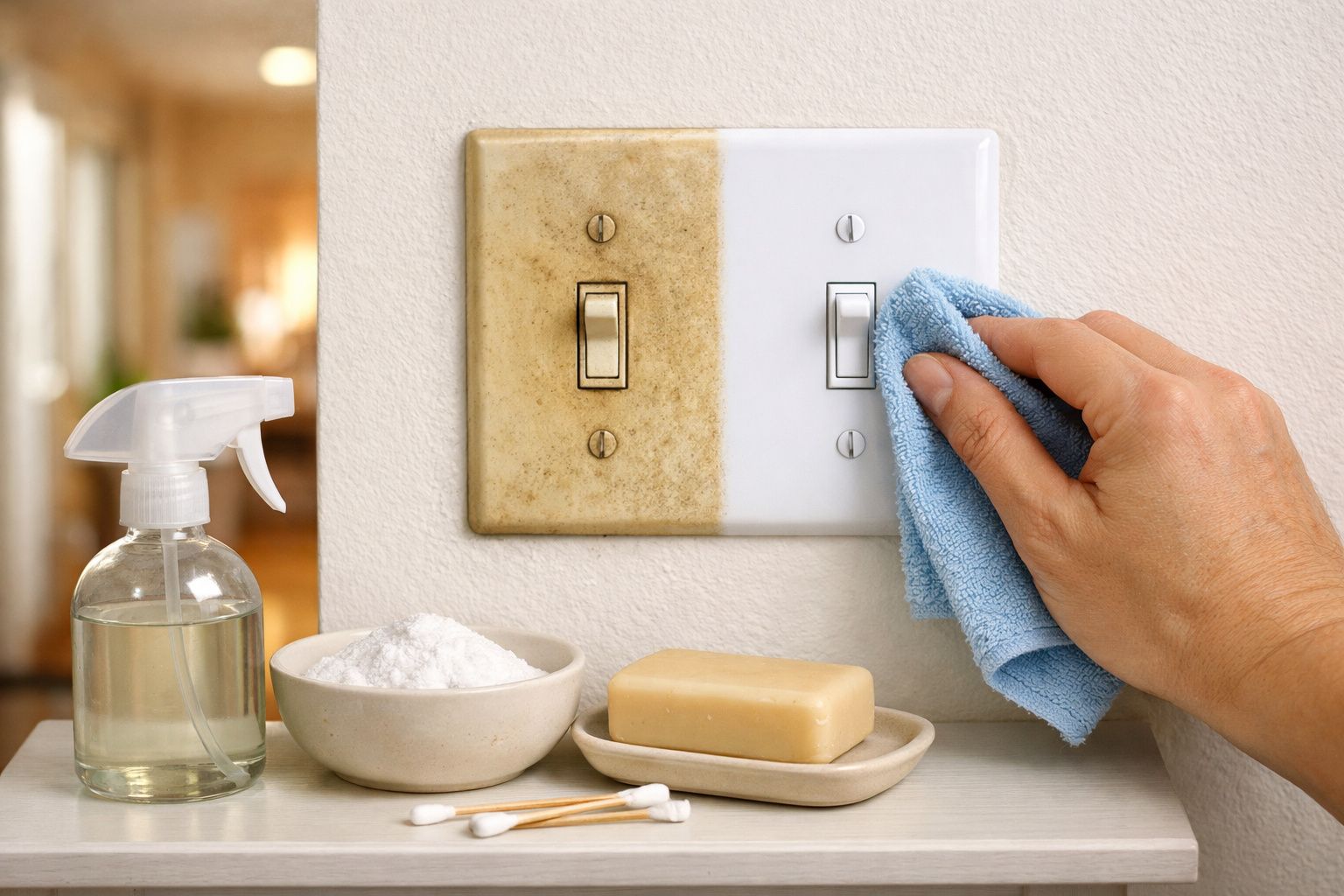 Mão limpando interruptor sujo com pano azul, spray, bicarbonato e sabonete ao lado.