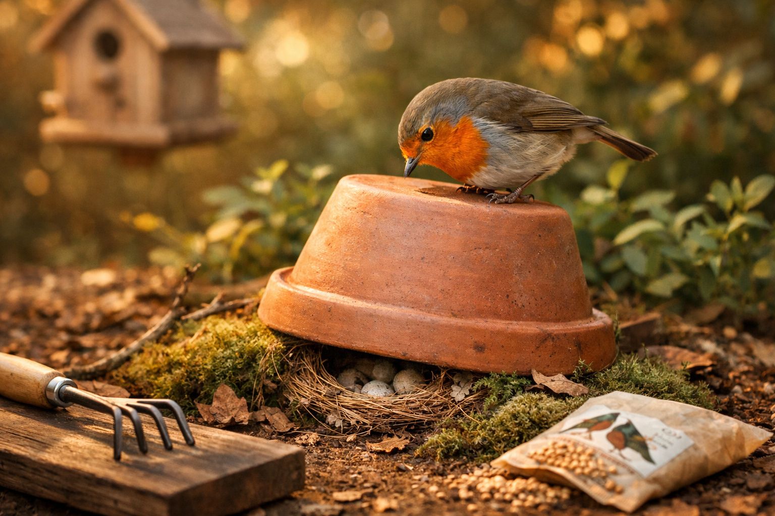 Pássaro com peito laranja em vaso de barro revelando ninhos com ovos em jardim com ferramentas e sementes.