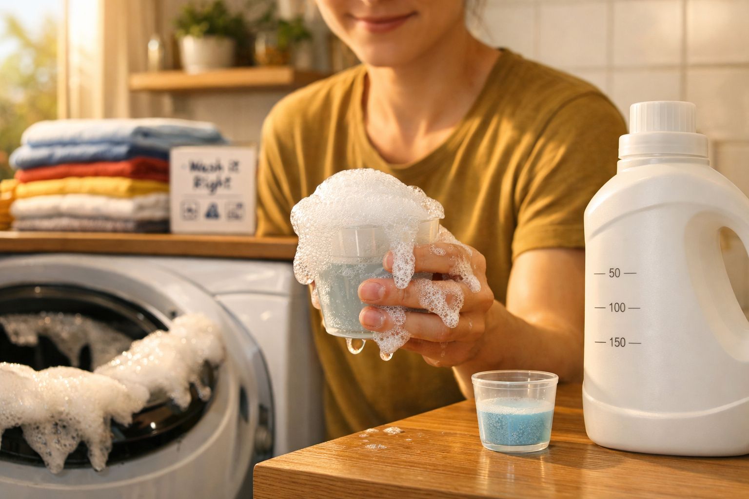 Pessoa segurando copo com sabão espumante para lavagem de roupas, máquina e produtos de limpeza ao fundo.
