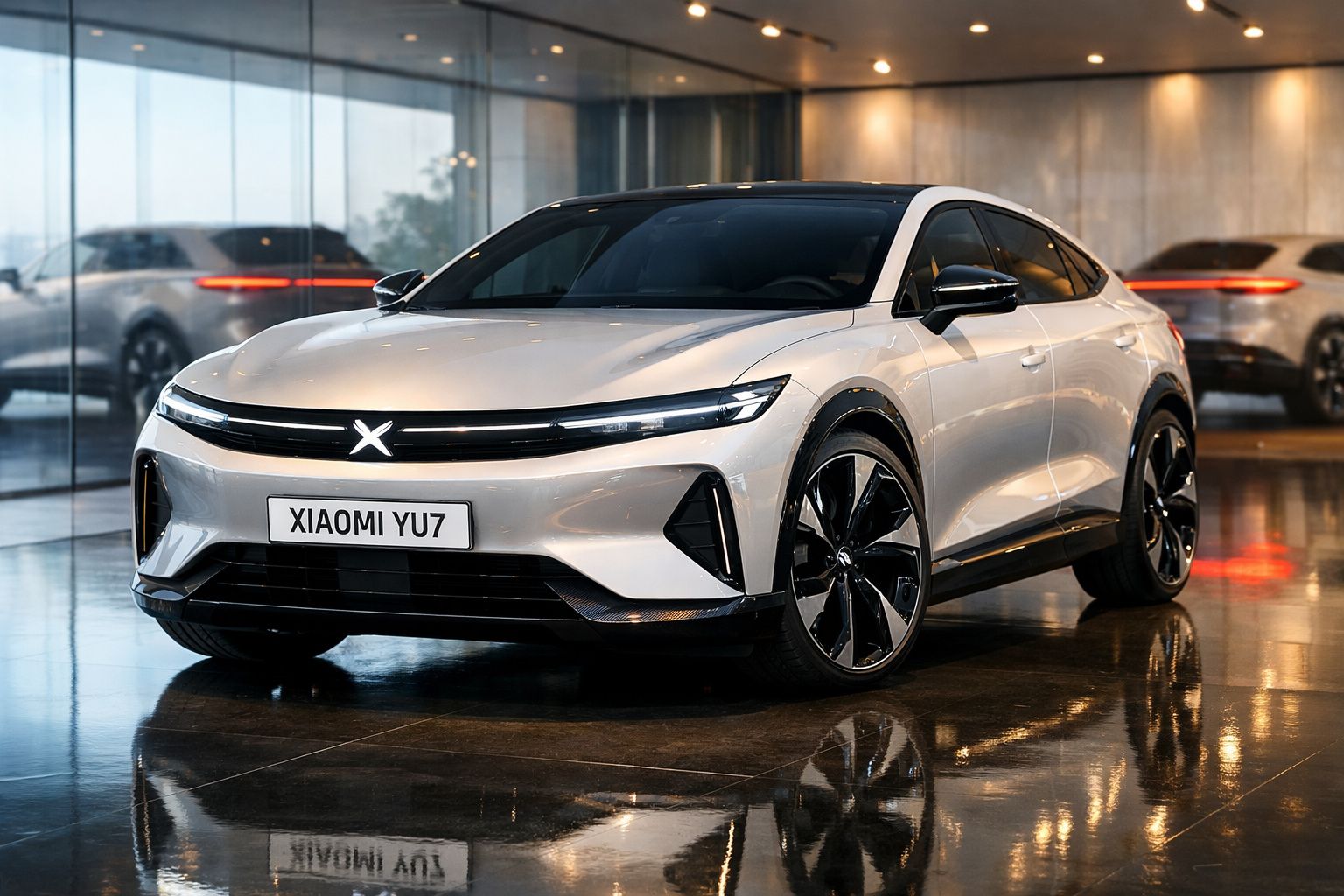 Carro elétrico branco Xiaomi YU7 estacionado em showroom com vidro ao fundo e piso refletivo.