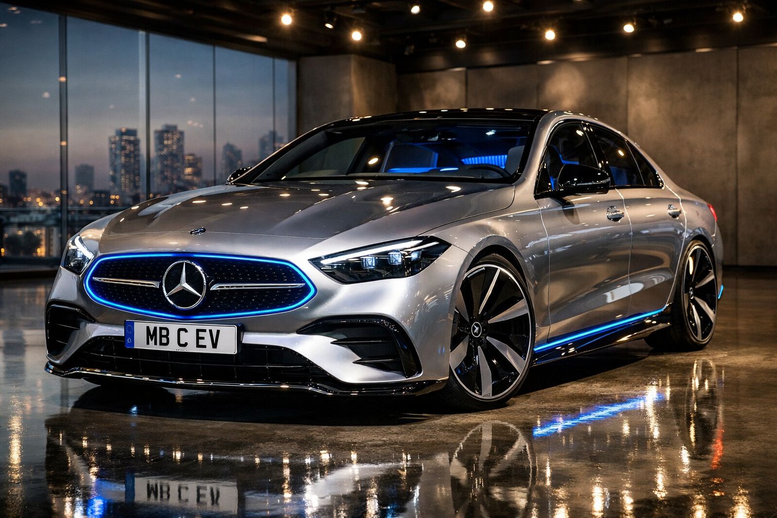 Carro elétrico Mercedes-Benz prata com detalhes em azul, rodas grandes, em ambiente interno moderno.