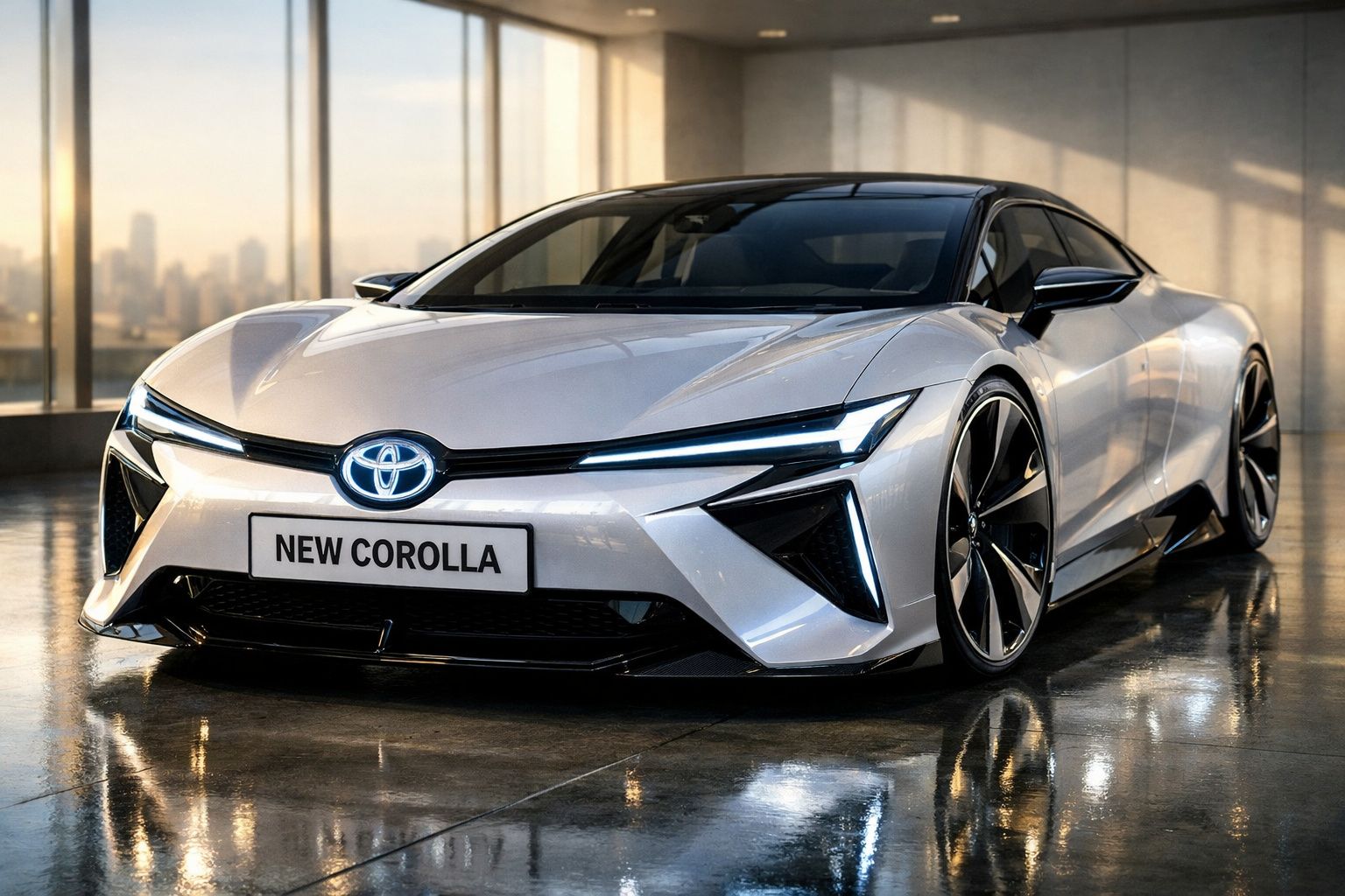 Carro esportivo Toyota New Corolla prata com design futurista em ambiente interno moderno.