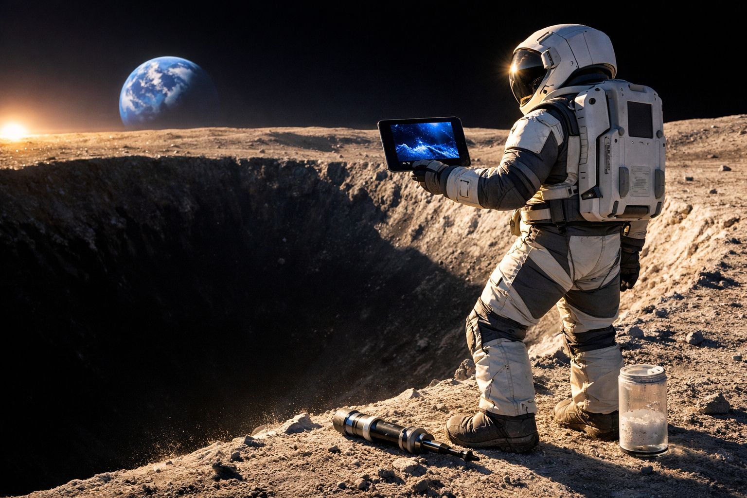 Astronauta na superfície lunar segurando tablet, ao lado de cratera e terra visível ao fundo.