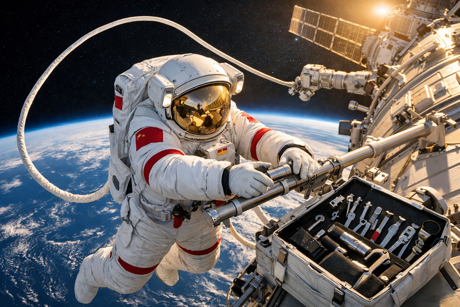 Astronauta chinês realizando manutenção fora da estação espacial com a Terra ao fundo.