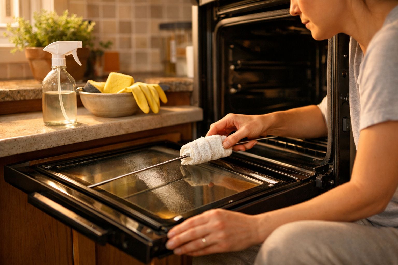 Pessoa limpando a porta de vidro do forno com pano branco em cozinha doméstica.