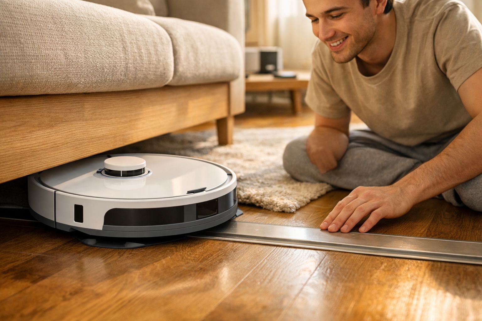 Homem observa aspirador robô limpando o chão de madeira na sala de estar.