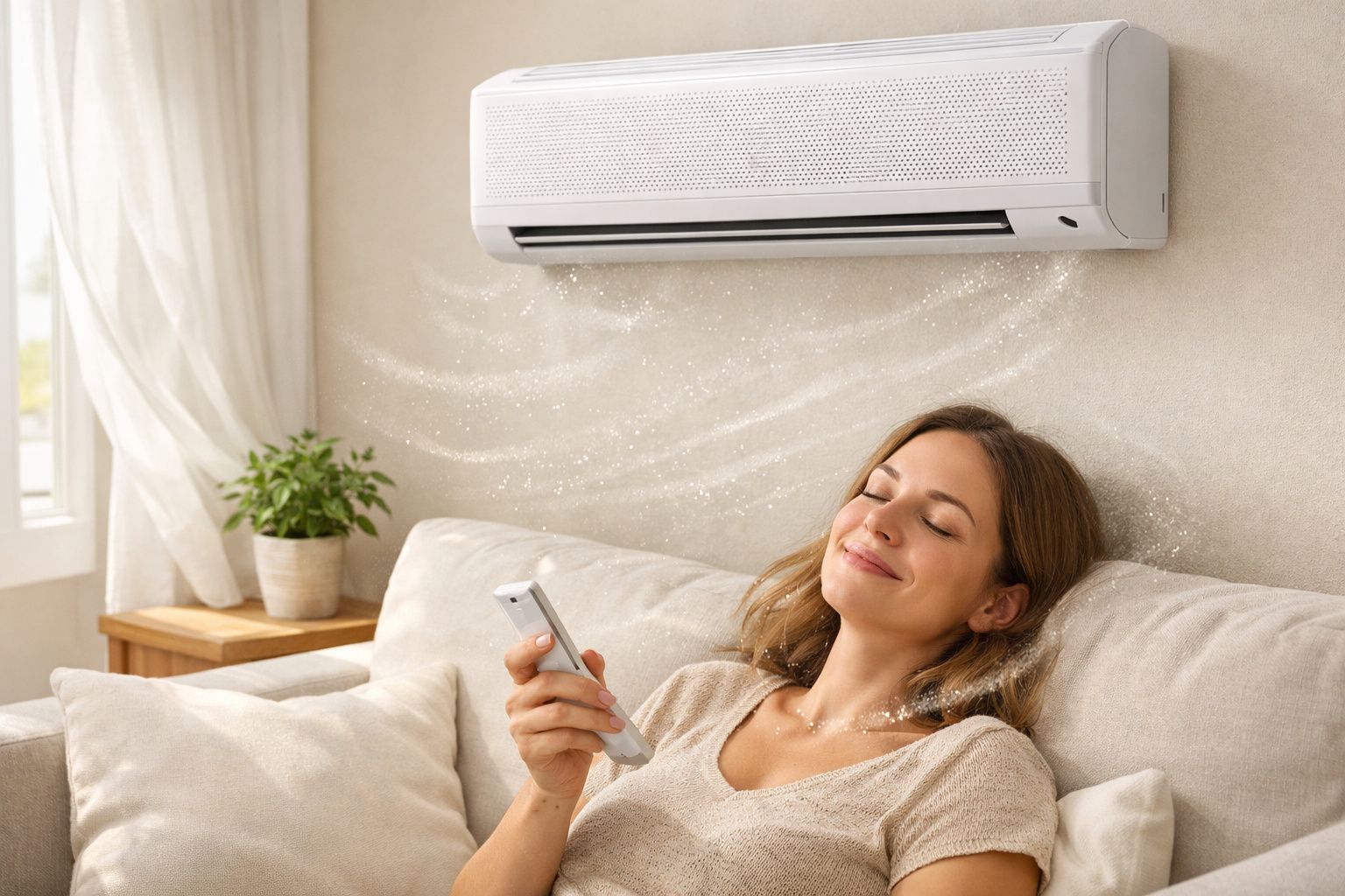 Mulher relaxando no sofá com controle na mão sob ar-condicionado ligado em sala iluminada.