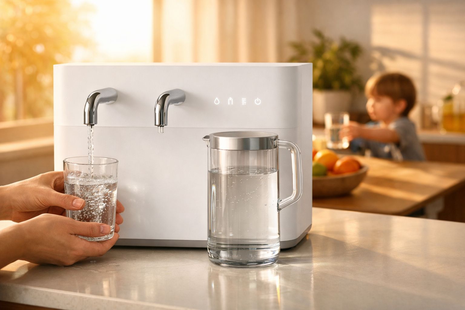 Pessoa enchendo copo com água em purificador branco, jarra transparente cheia de água em bancada, criança ao fundo.