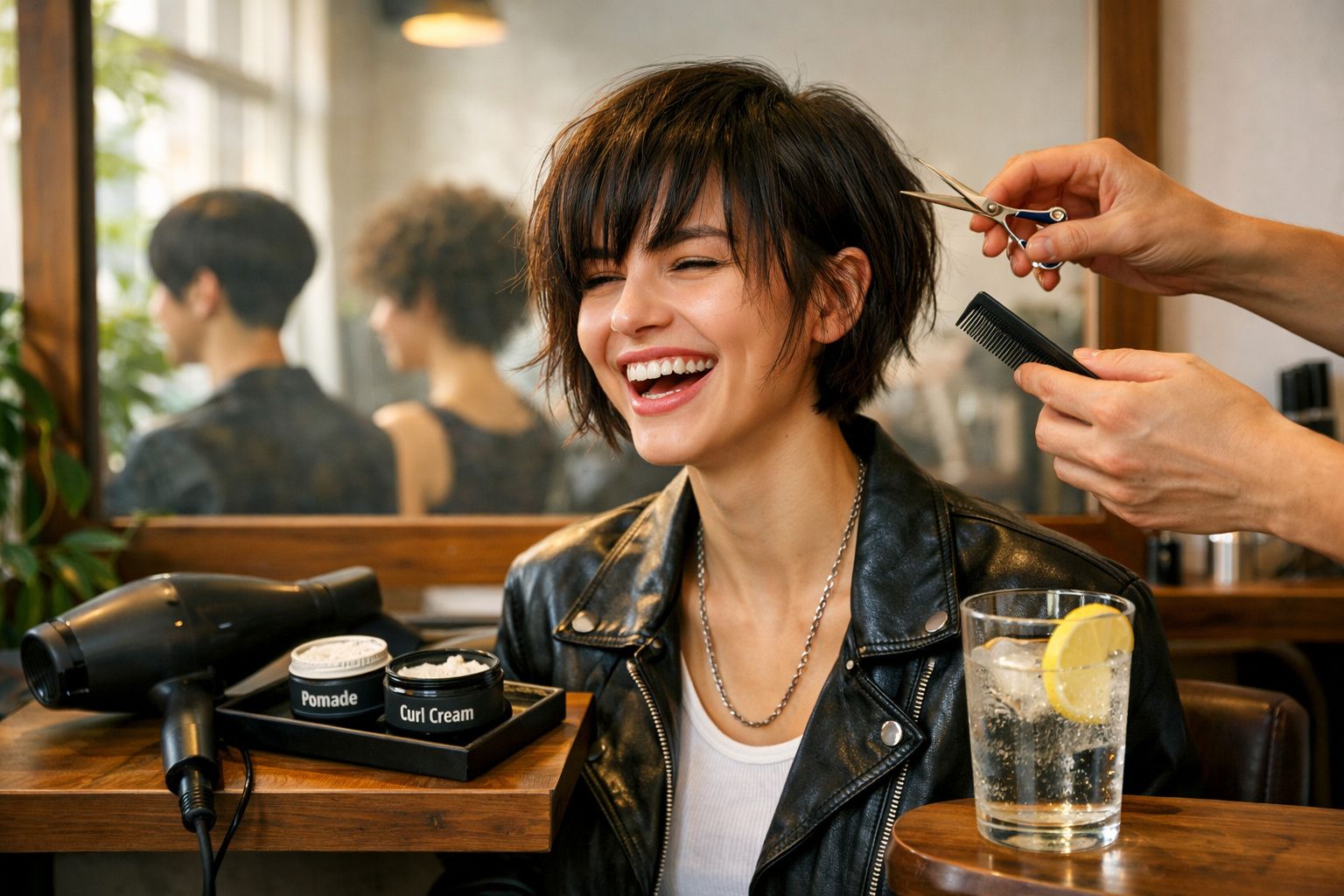 Mulher sorridente com cabelo curto sendo cortado em salão de beleza, ao lado secador, pomada e bebida.