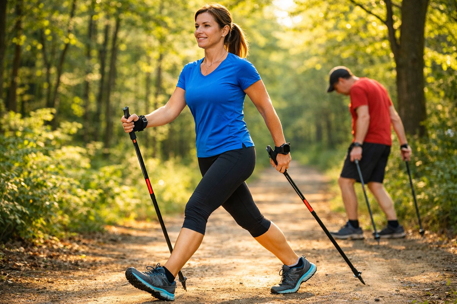 Mulher e homem praticando caminhada com bastões em trilha de floresta ensolarada.