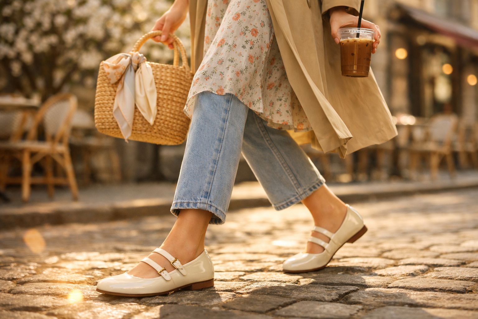Pessoa caminhando em rua de paralelepípedo com sapatos claros, jeans e bolsa de palha na mão.