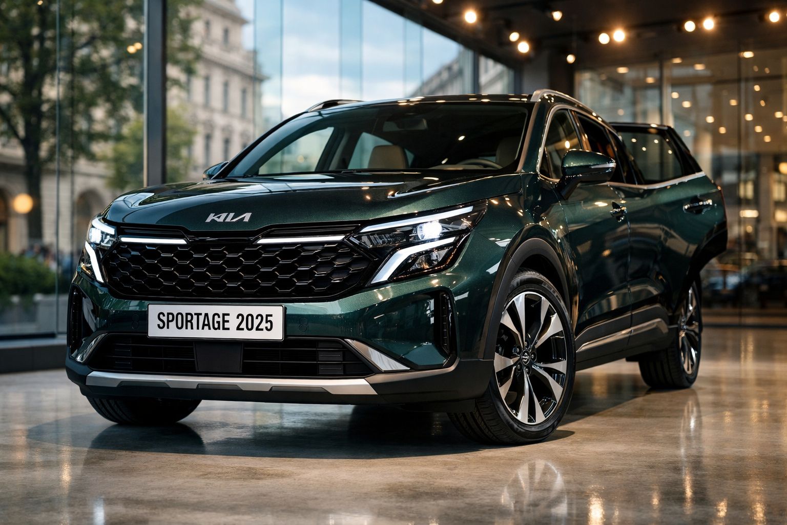 SUV Kia Sportage 2025 verde escuro exibido em showroom moderno com luzes acesas.