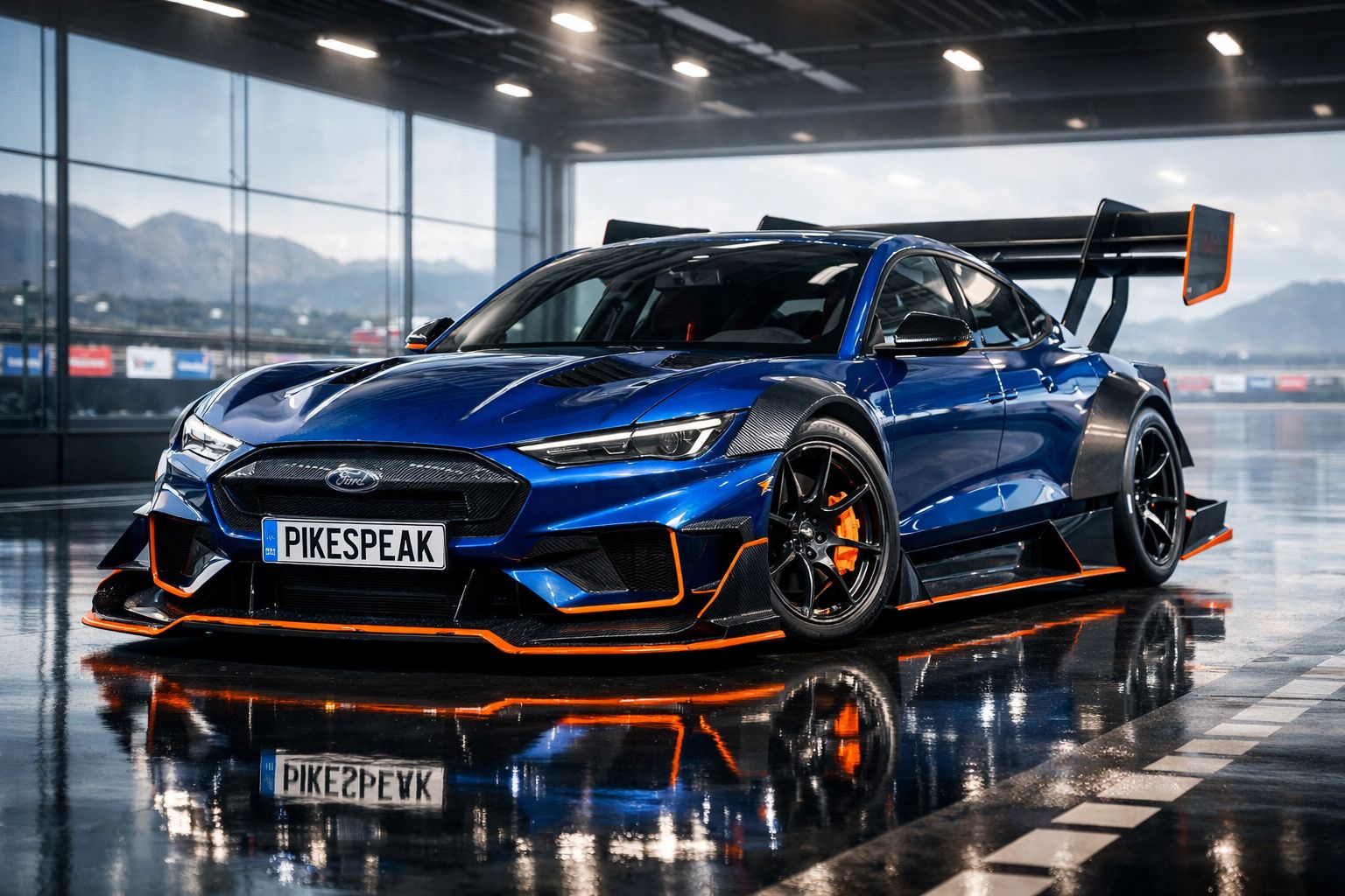 Carro esportivo azul metálico com detalhes laranja estacionado em pista coberta com montanhas ao fundo.