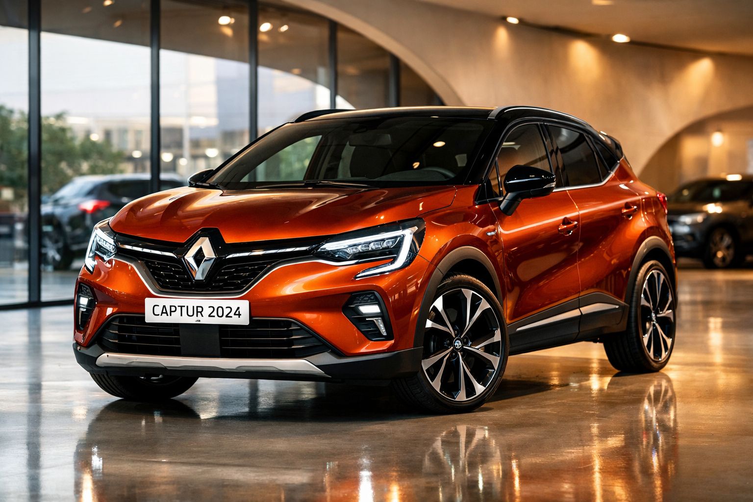 Carro SUV Renault Captur 2024 na cor laranja em showroom com piso refletivo.