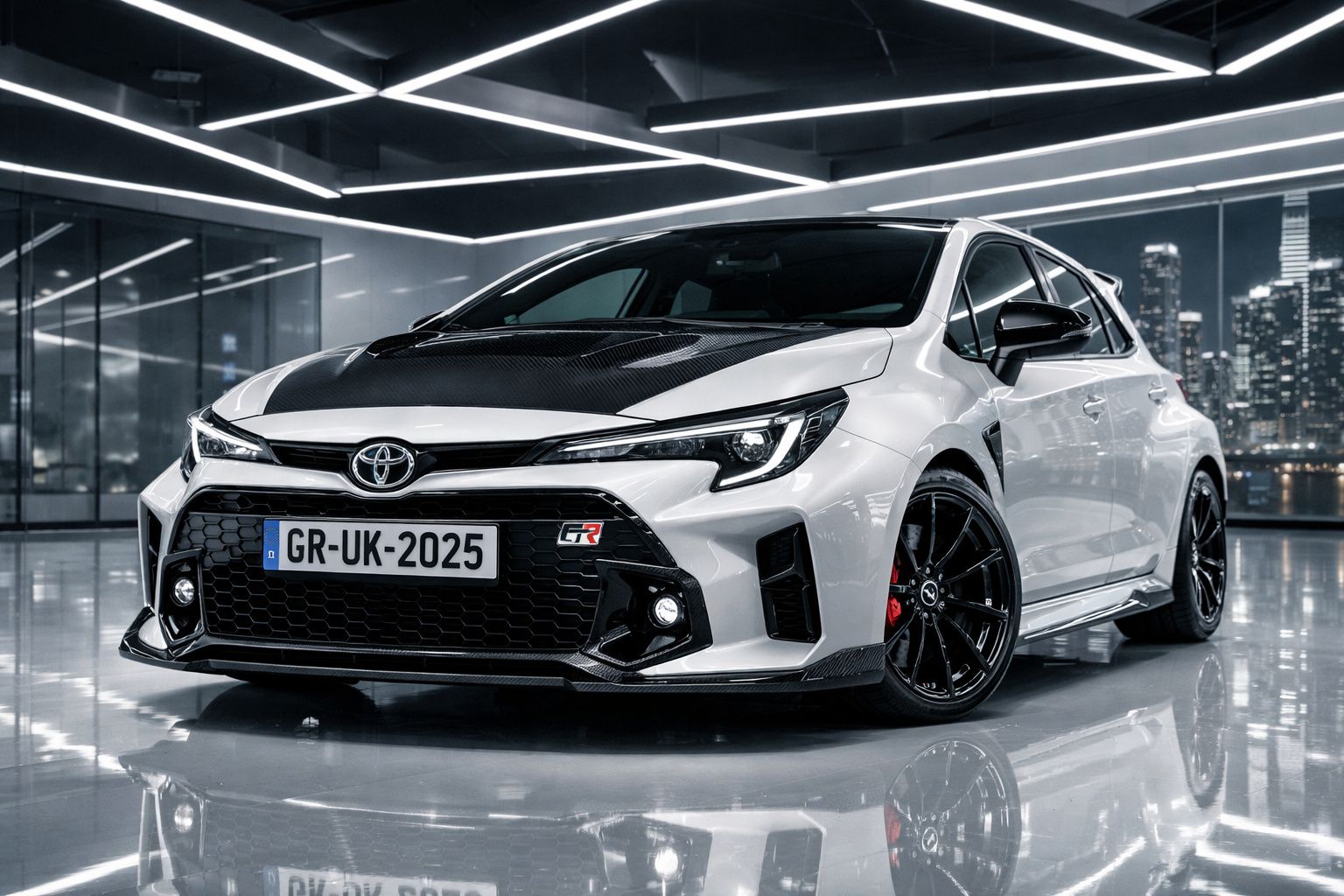 Carro esportivo Toyota GR Corolla branco com detalhes em preto estacionado em garagem moderna refletindo no chão.