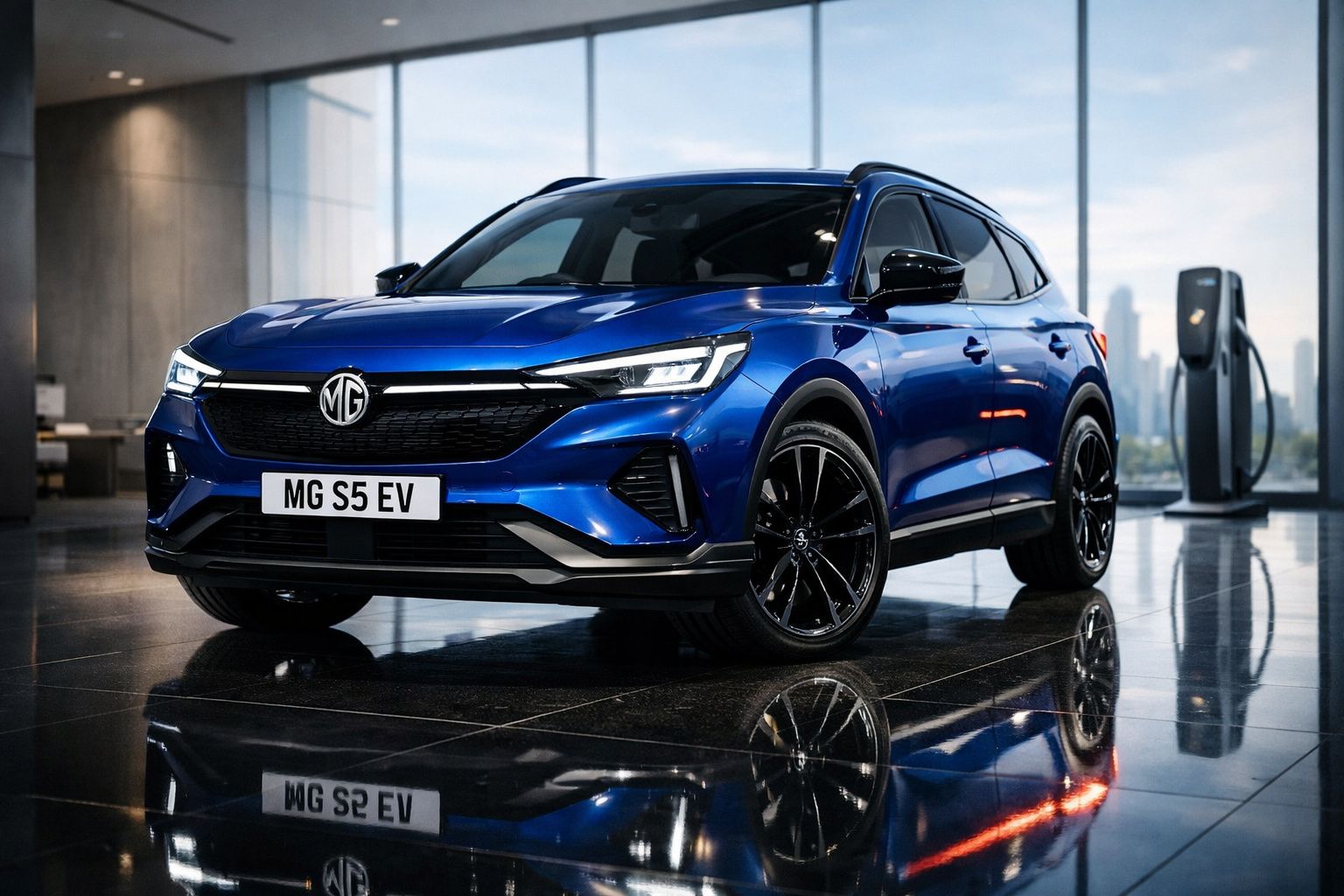 Carro elétrico azul MG S5 EV estacionado em showroom moderno com piso refletivo e carregador ao fundo.
