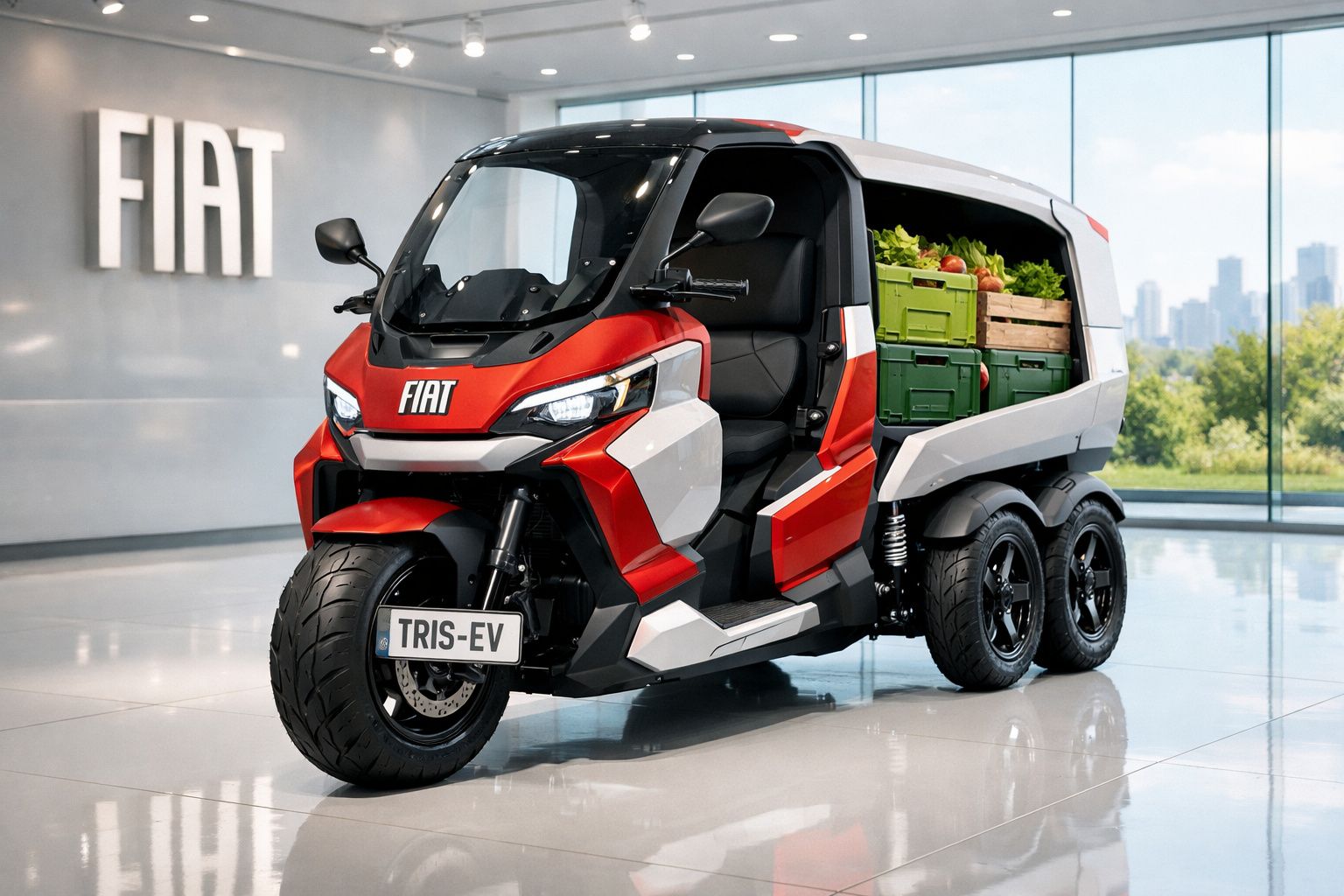 Veículo elétrico compacto de três rodas da Fiat, modelo TRIS-EV, com compartimento de carga cheio de caixas.
