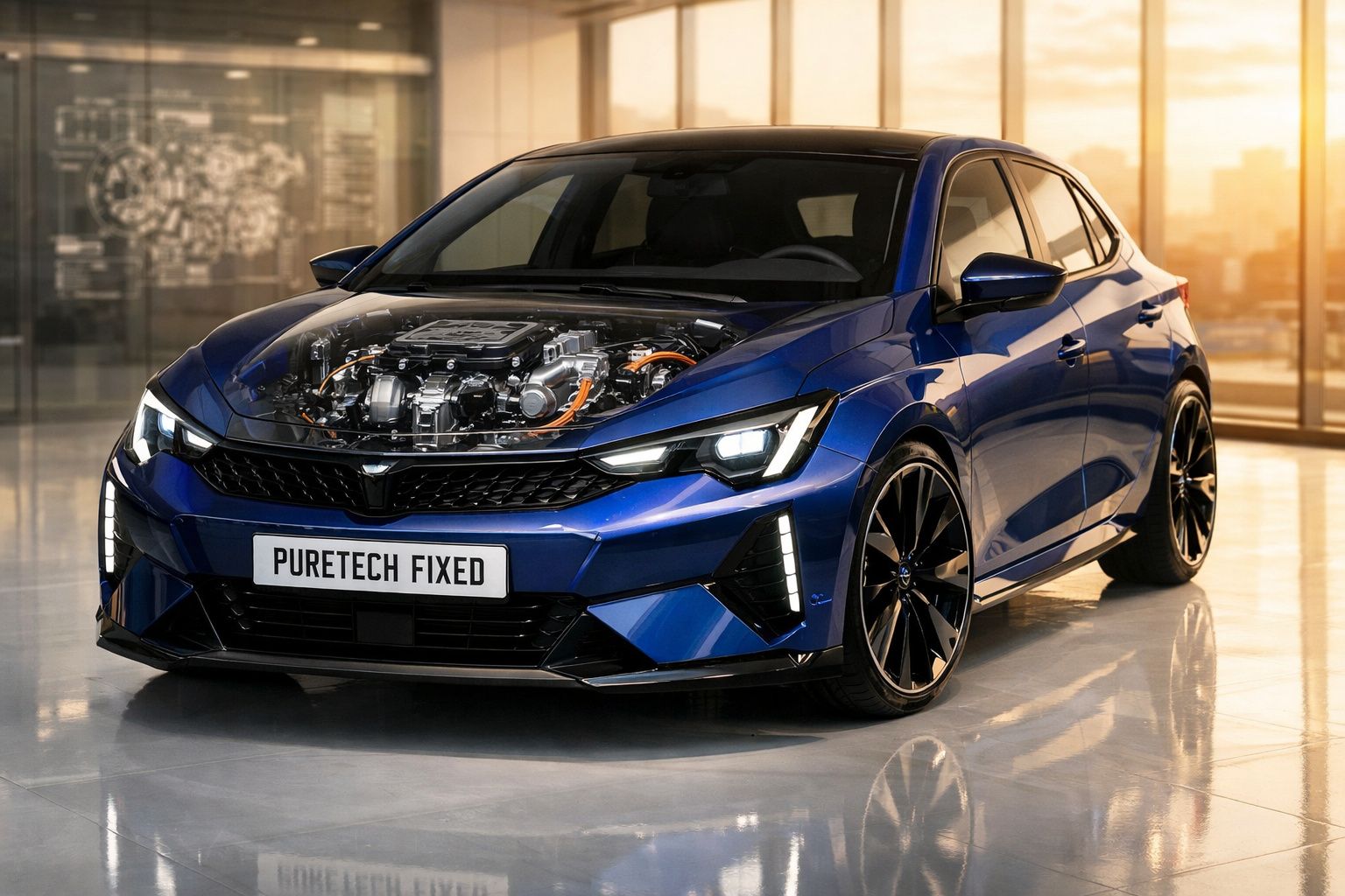 Carro hatch azul com motor elétrico visível sob capô transparente em ambiente interno moderno.