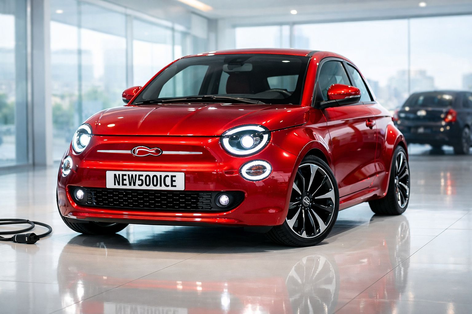 Carro elétrico compacto vermelho estacionado em showroom, conectado a cabo de recarga.