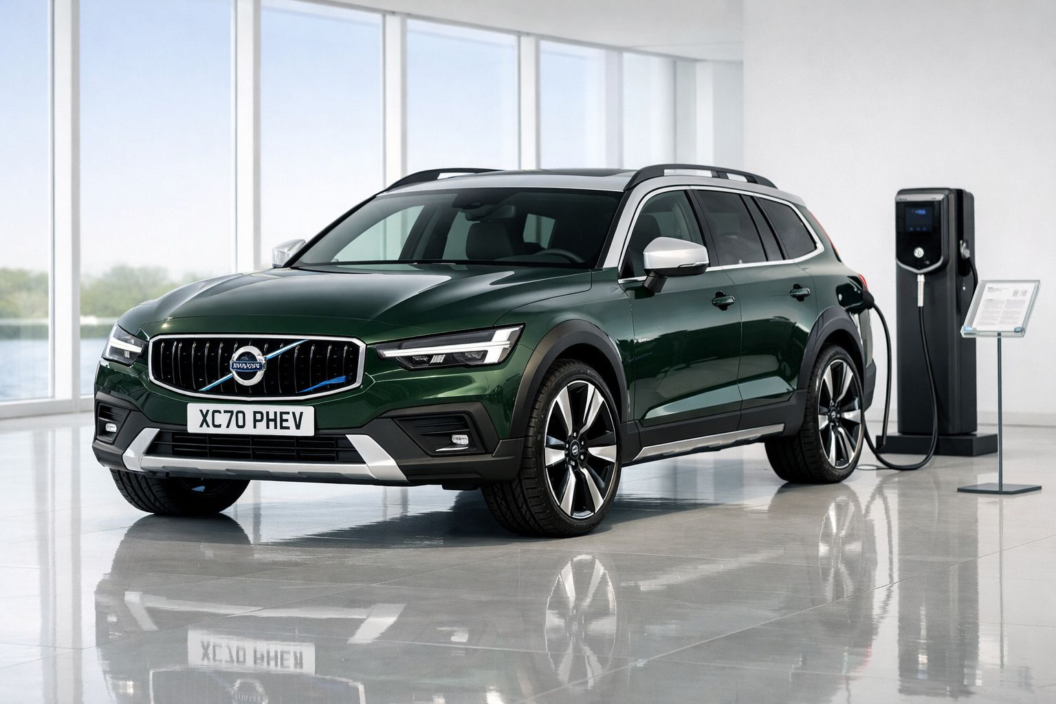 Carro Volvo XC70 PHEV verde estacionado em ambiente interno, conectado a estação de carregamento elétrico.