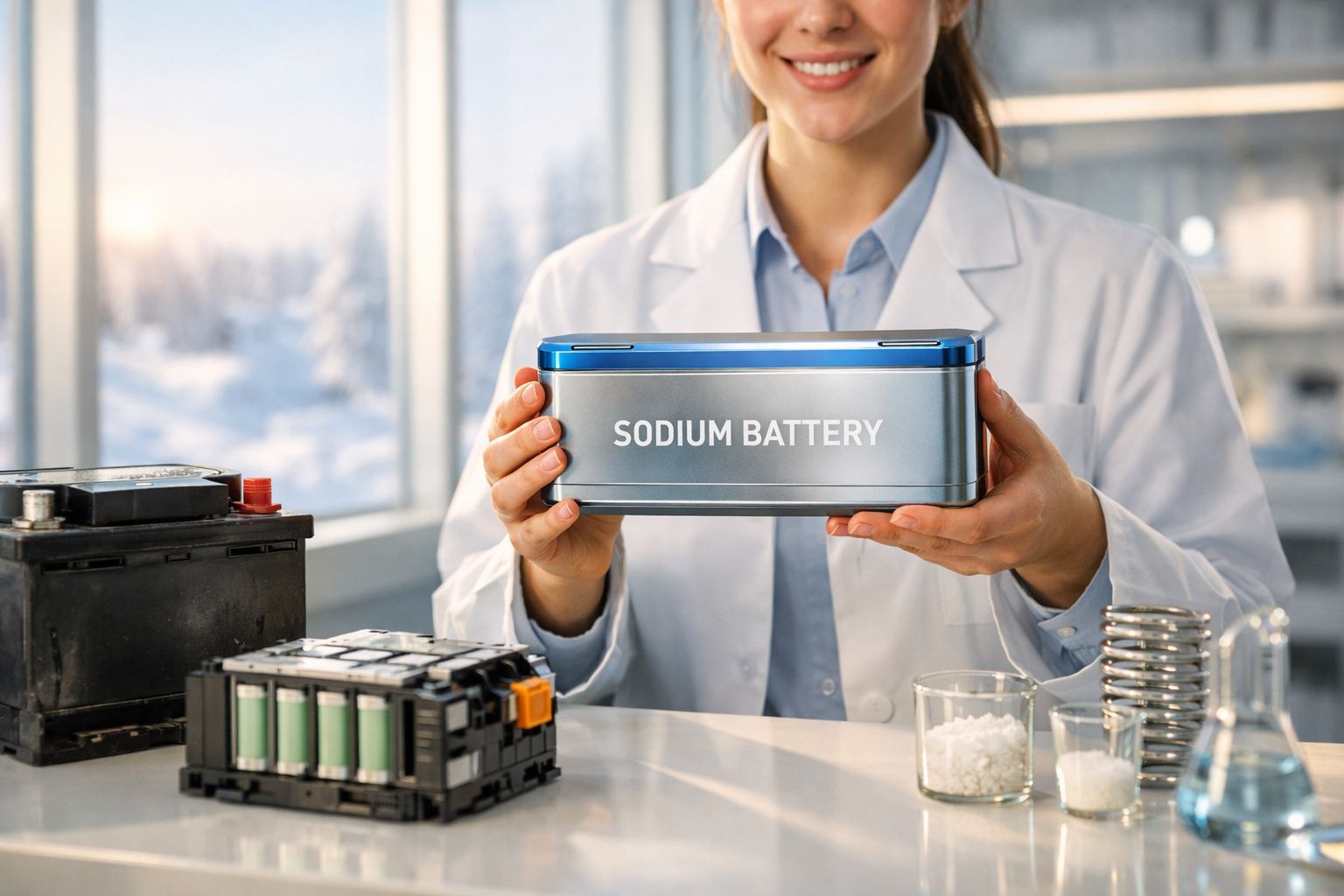 Pesquisadora em laboratório segurando bateria de sódio, com outras baterias e materiais na mesa.