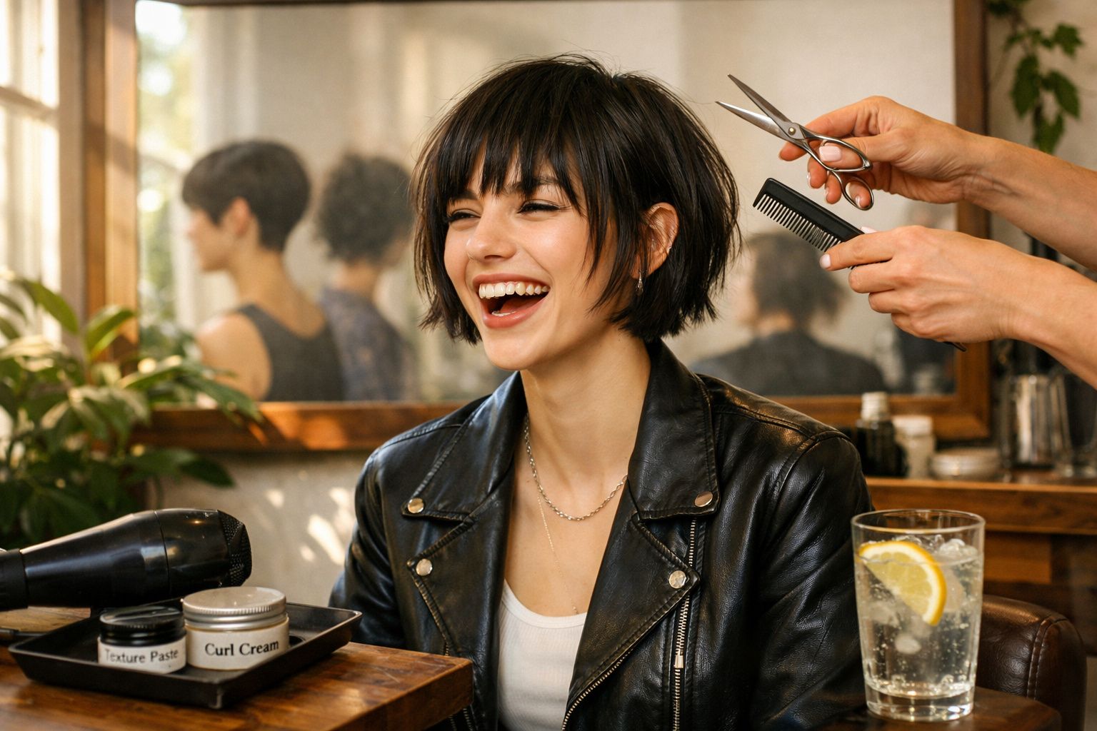 Mulher sorridente com cabelo curto sendo cortado em salão, com secador e produtos de cabelo à frente.