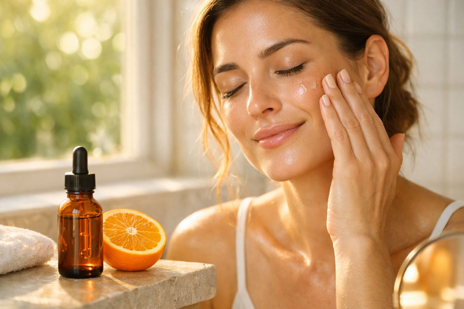 Mulher aplicando sérum facial ao lado de laranja cortada e frasco âmbar em ambiente iluminado.
