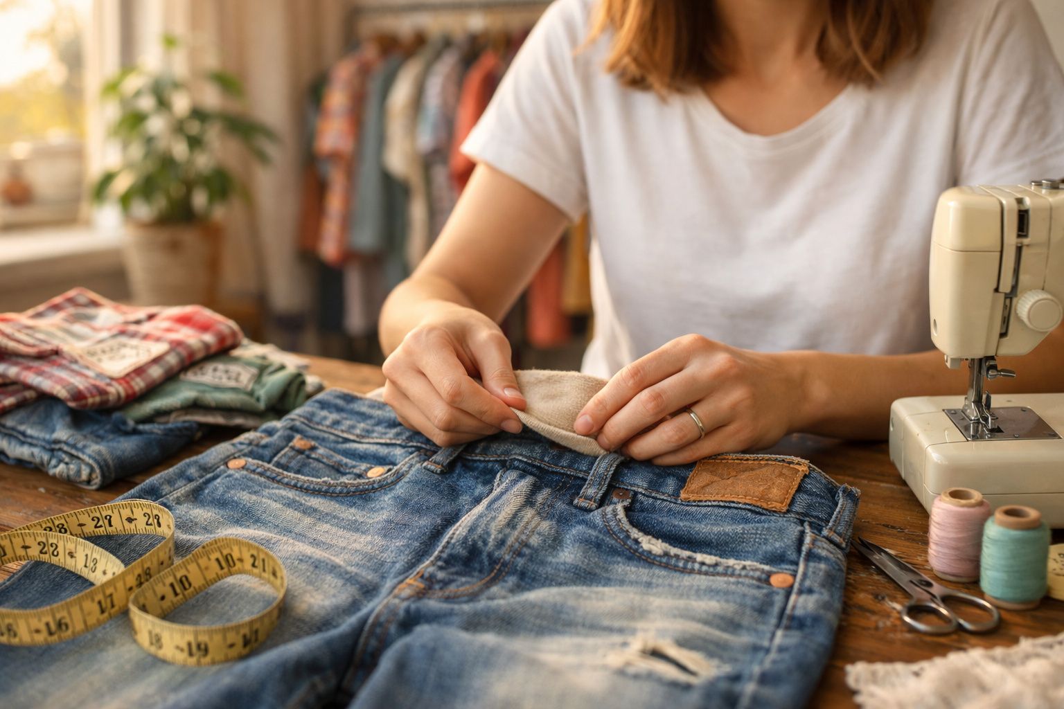 Pessoa costurando jeans com máquina de costura, fita métrica e materiais de costura sobre a mesa.