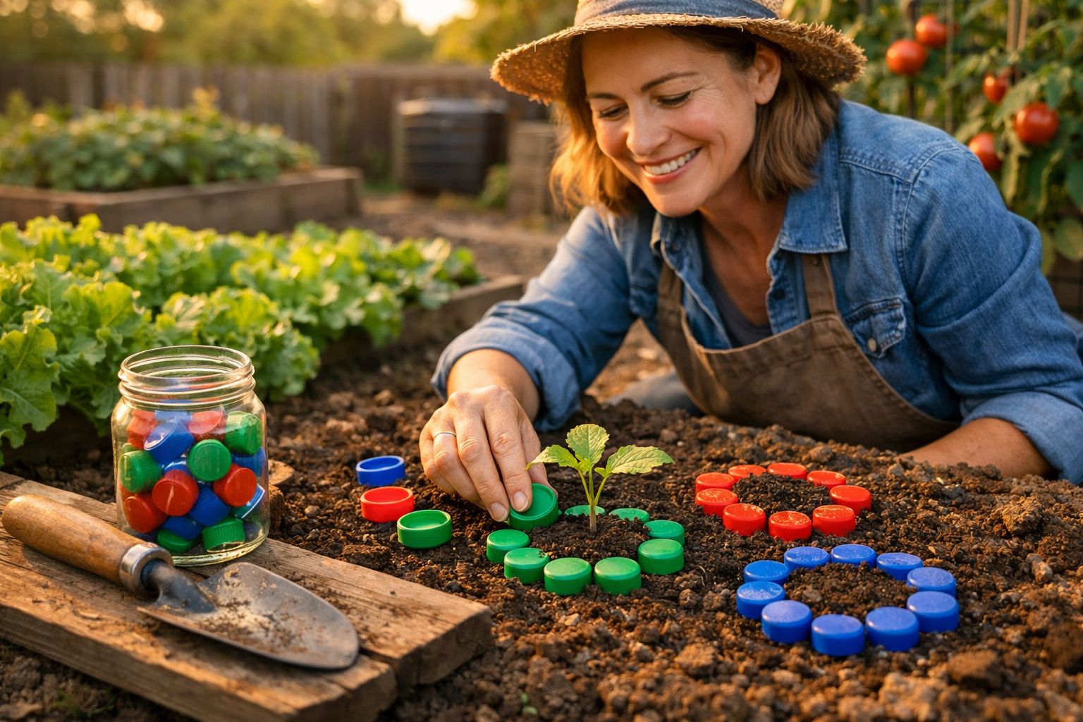 Mulher sorridente no jardim cercando muda de planta com tampas plásticas coloridas no solo.