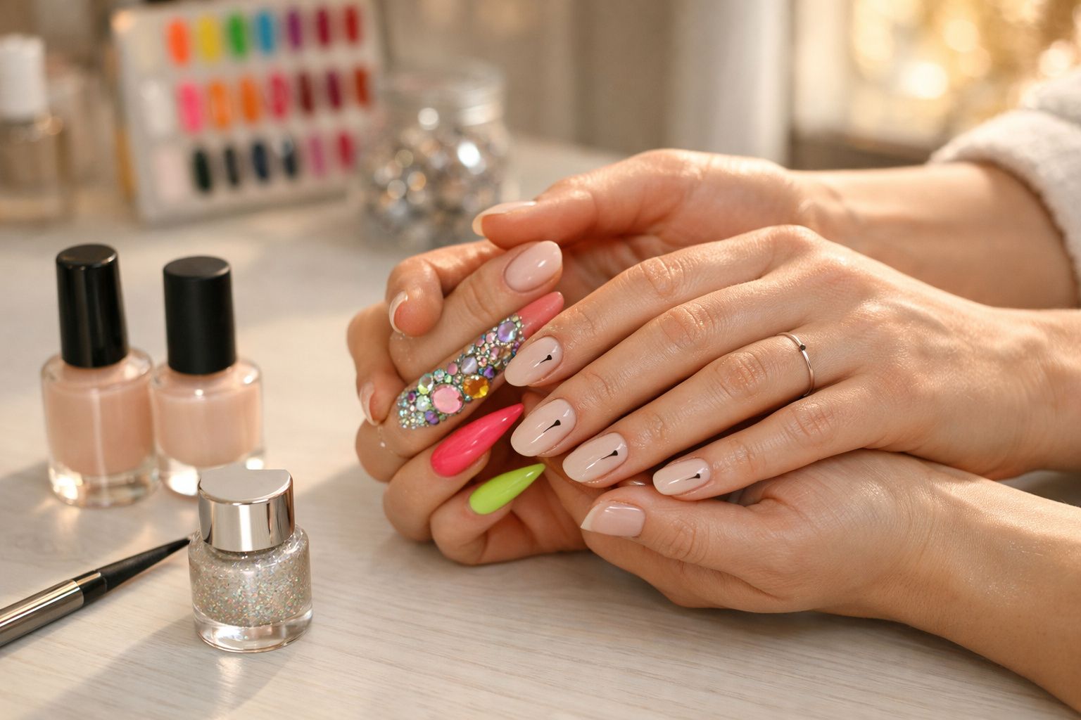 Mãos femininas com unhas decoradas coloridas e esmaltadas, sobre mesa com esmaltes e acessórios de manicure.