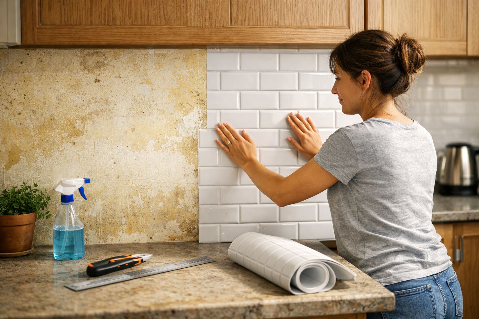 Mulher aplicando revestimento adesivo branco em parede desgastada de cozinha.