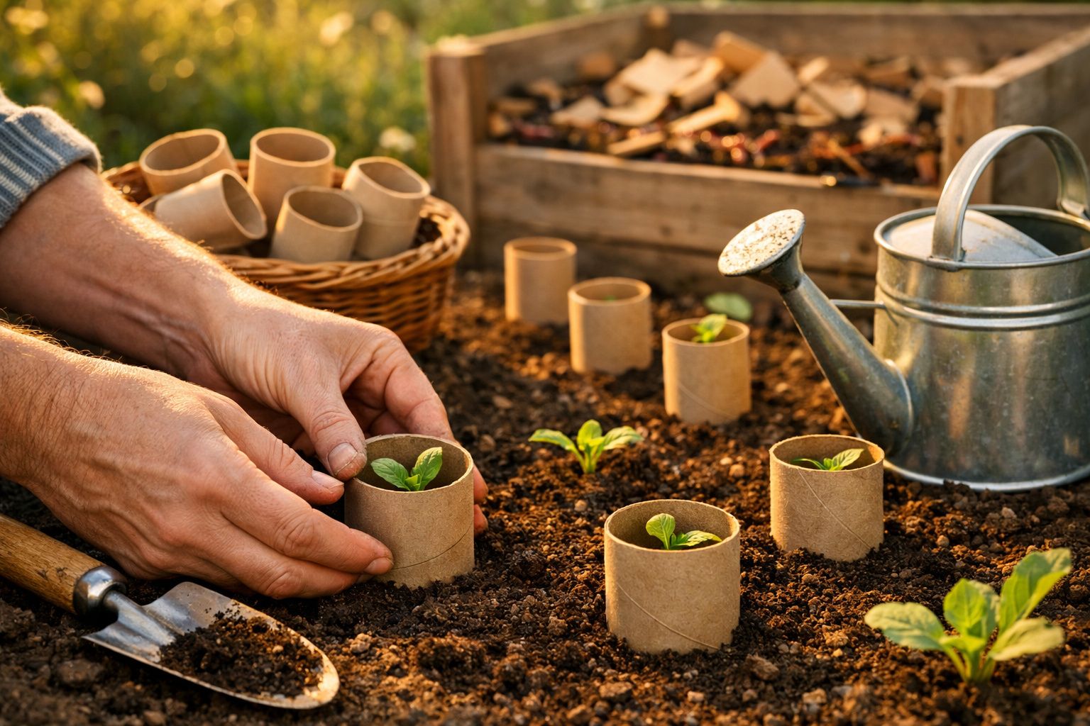 Mãos plantando mudas em papel biodegradável no solo com regador, pá e cesta ao fundo.
