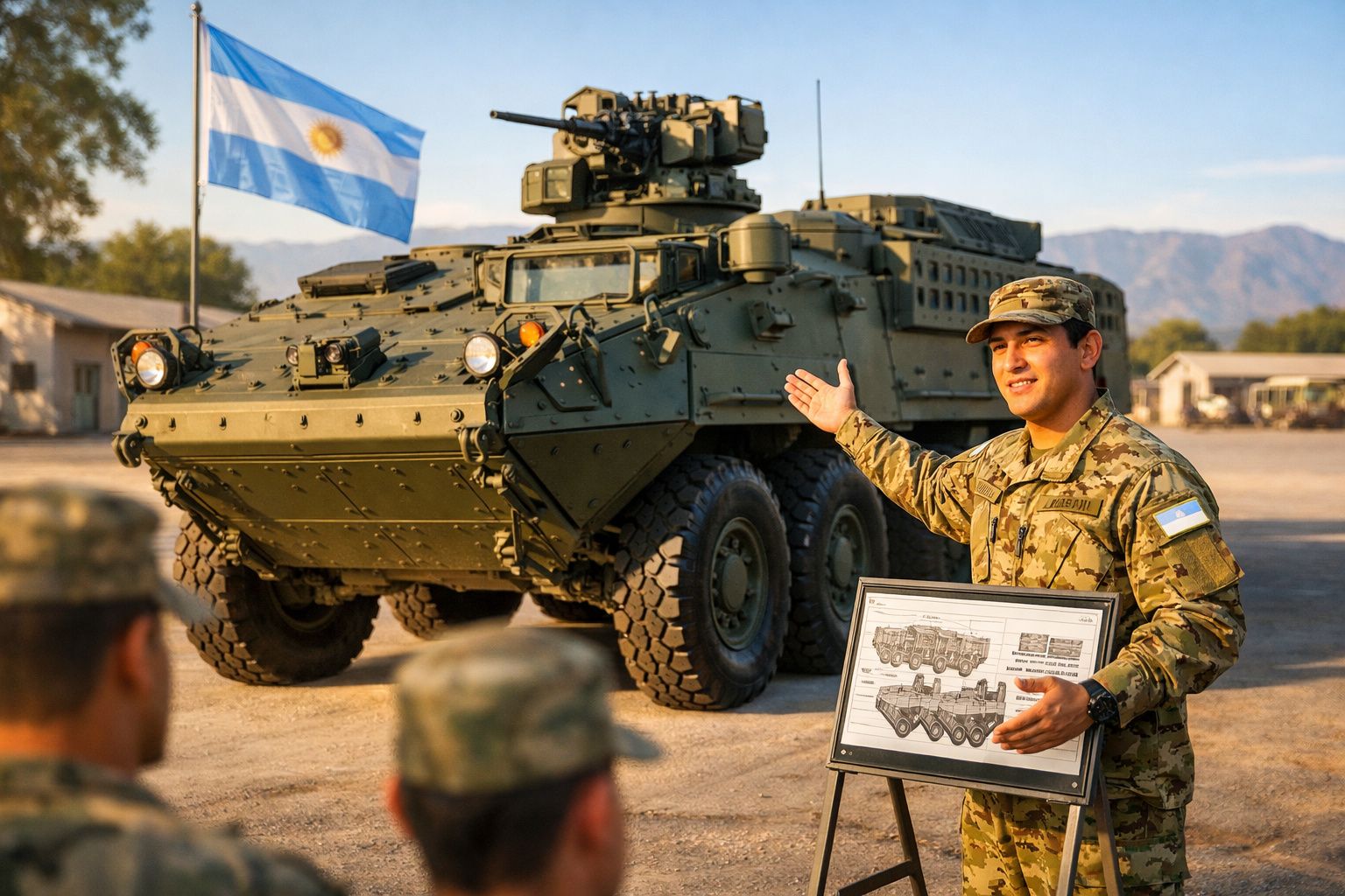 Soldado argentino em uniforme camuflado apresentando blindado militar com bandeira da Argentina ao fundo.