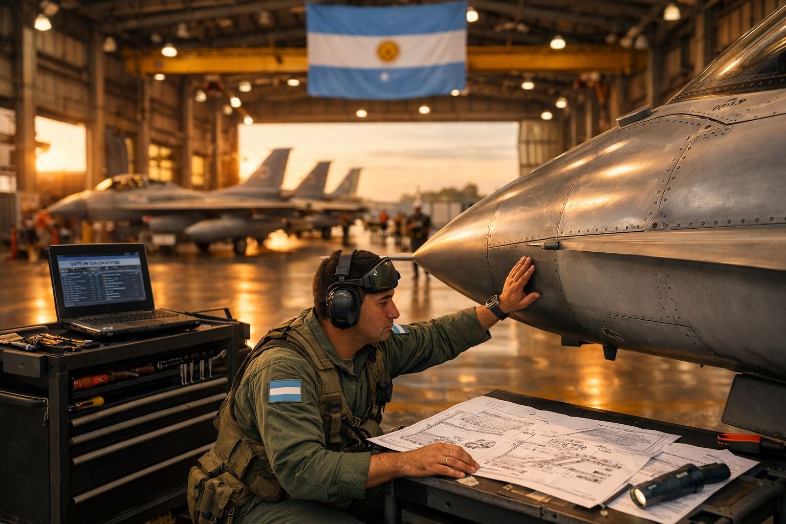 Técnico militar argentino inspeciona a fuselagem de caça em hangar com vários aviões ao fundo.