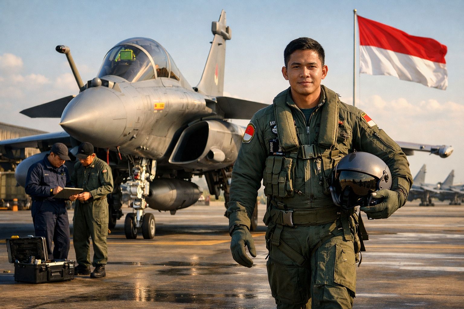 Piloto militar com uniforme verde e capacete na mão, ao lado de caça e bandeira da Indonésia ao fundo.