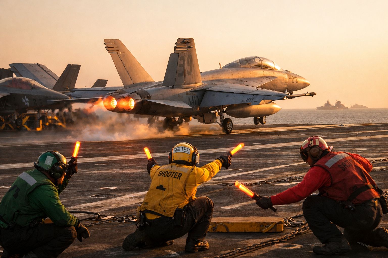 Caças militares decolando de porta-aviões com tripulação sinalizando na pista ao entardecer.