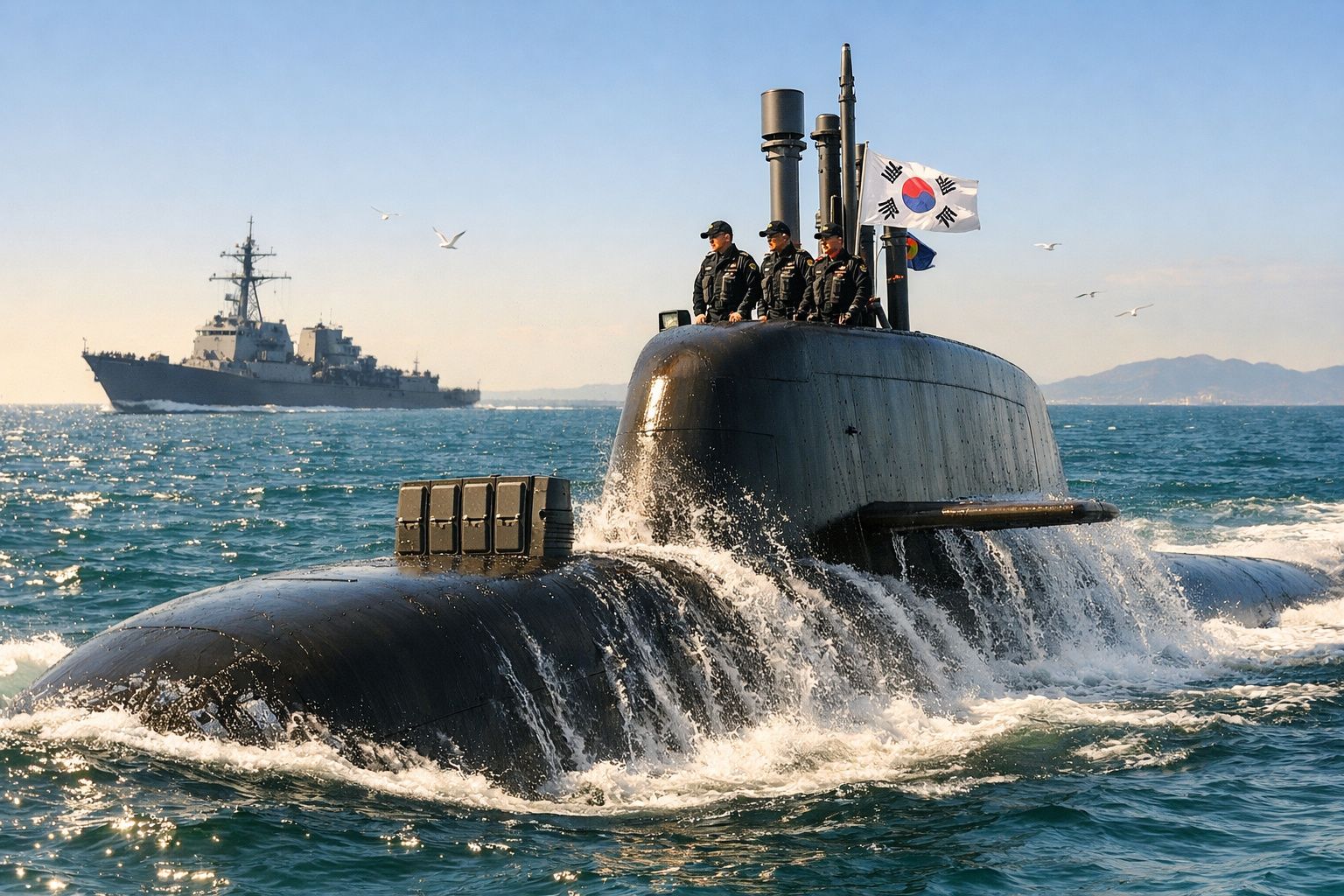 Submarino sul-coreano emergindo com tripulação e bandeiras, navio de guerra ao fundo no mar calmo.