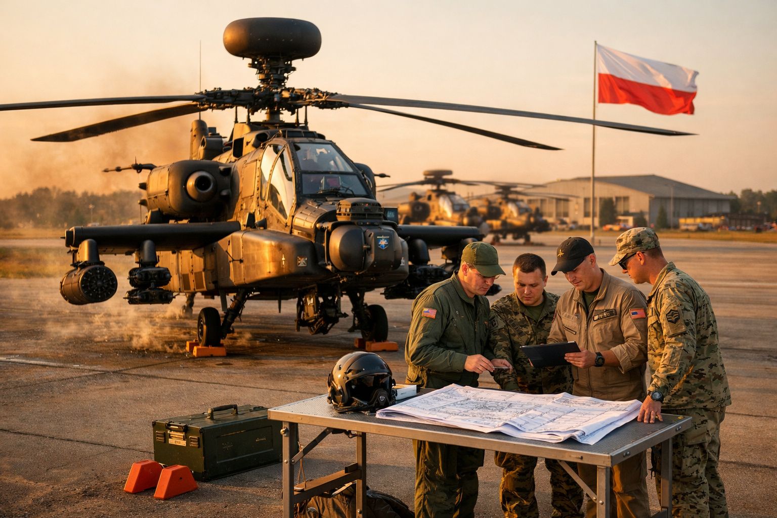 Quatro militares revisam mapas em mesa com helicóptero de ataque e bandeira da Polônia ao fundo durante o pôr do sol.