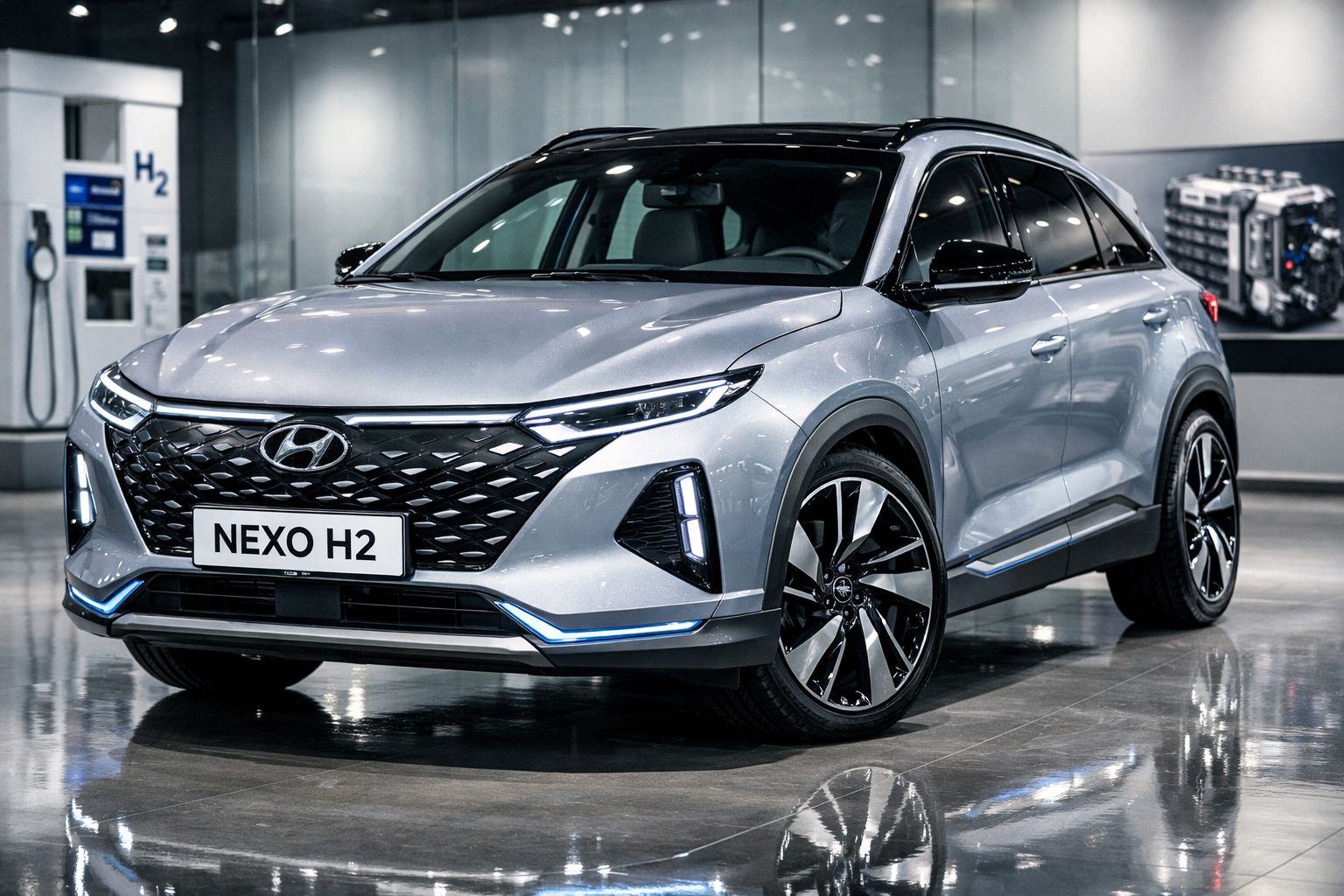 Carro Hyundai Nexo H2 prata, SUV futurista, exposto em ambiente interno moderno e iluminado.