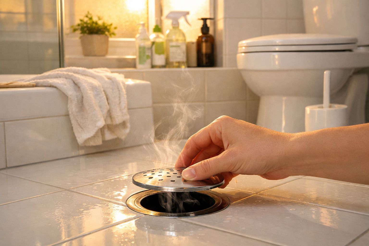 Mão removendo tampa de ralo com vapor saindo, em banheiro com vaso sanitário e toalha ao fundo.